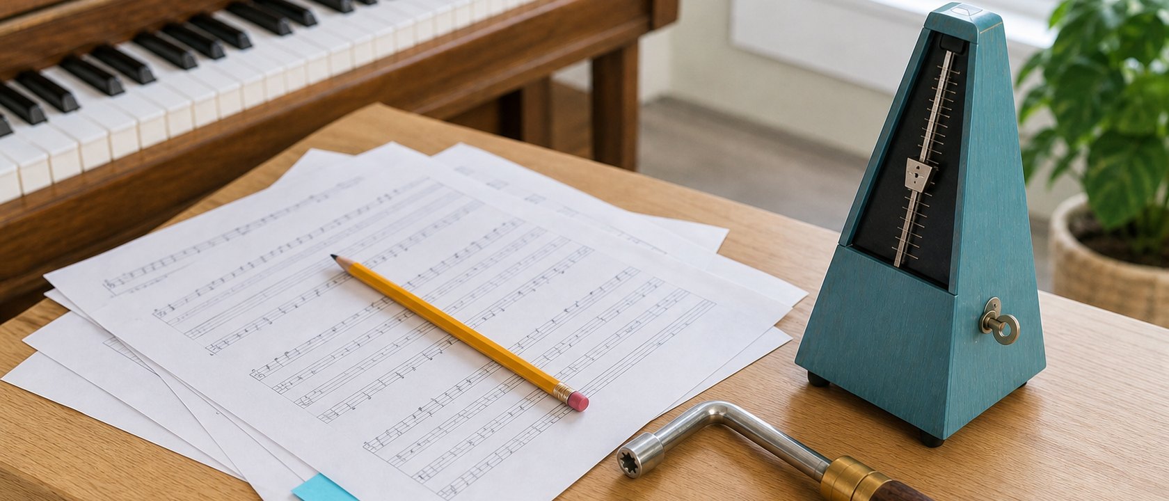 Sheet music, a metronome and a tuning hammer.